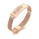 PJ JEWELLERY Personalised Medical Alert Bracelet for Women - Customised Rose Gold Stainless Steel Mesh Wire Belt Buckle Watchband Medical Identification Emergency SOS Bracelet Adjustable