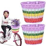 LYDODOKA 2Pcs Bicycle Basket for Kid, Colorful Bike Basket with Adjustable Strap, Load Capacity of 5KG-Handwoven Toddler Scooter Baskets, Waterproof Tricycle Basket for Boys Girls Bicycle Scooter