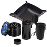 Herb Grinder Set, Spespo Spice Grinder Black Metal Zinc Alloy 4 Piece 2.0 inch(5cm) Constellation Pattern with Mini Ashtray and Sealed Jar and Leather Rolling Tray, Grinder Gift Set with Pouch