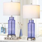 QiMH Table Lamps for Bedrooms Set of 2, Blue Glass Beside Lamps for Living Room with Touch Control USB Ports, 26" Large Modern Coastal Nightstand Lamp White Shade Home Decor(LED Bulbs Included)