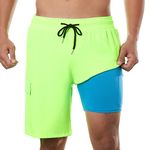 BRISIRA Mens Swim Shorts Swim Trunks 9 inch Bathing Suits Swimsuit Board Compression Liner Quick Dry Fluorescent Green