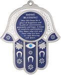 Hamsa Wall Decor Red/Blue Evil Eye Charm Protection Amulet Home/Business Good Luck Charms in English/Hebrew Blessings (Blue/White with Eye, English Blessing)