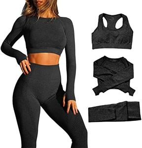 Workout Outfits for Women 3 Piece Bra,Long Sleeves Crop Top,High Waist Yoga Leggings Seamless Sets, Vital-Black, Medium