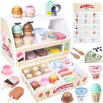 Zabatoco Ice Cream toys for kids, 38 PCS Wooden Ice Cream Set, Imaginative Role Play Ice Cream Shop Play for Kids Kitchen Toys Gift for 3 Year Old Girl Boys