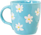 WORLD TRAVELER Eccolo Daisies Ceramic Coffee Mug, White and Blue Floral Handpainted Stoneware Tea Cup with Handles, Microwave, Dishwasher Safe, Medium Size Hot Drinking Cup - 16 Oz | 473 ml