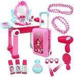 2 in 1 Pretend Play Kids Vanity Table and Chair Beauty Mirror and Accessories Play Set with Trolley Fashion & Makeup Accessories for Girls Travel Suitcase Fashion Beauty Set for Children Little Girls