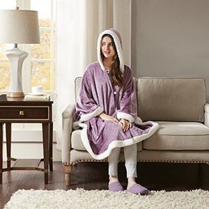 Comfort Spaces CS58-0313 Glimmersoft Plush to Sherpa Pocket Hooded Angel Wrap Ultra Soft Wearable Poncho Blanket Throw, 58"x72", Lavender