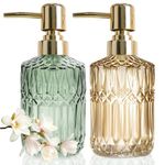 JINYOMFLY Glass Soap Dispenser 2 Pack, 12 Oz Rose Gold Soap Dispenser, Green Glass Soap Dispenser, Glass Soap Dispenser Bottle with Pump, Vintage Glass Liquid Soap Dispenser