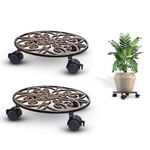 Sharpex Pack of 2 Metal Caddy Iron Dolly on Round Rack Rustproof Sturdy Potted Indoor Outdoor Plant Stand/Trolley with Locking Wheels for Balcony, Living Room, Home and Garden (Gold)