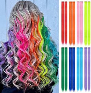 FESHFEN Colored Hair Extensions, 16 PCS 8 Colors Rainbow Hairpieces for Women Highlight Colorful Straight Clip in Hair Extensions for Daily Party Costumes, 22 inch