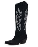 Pasuot Rhinestone Cowboy Boots for Women,Wide Calf Knee High Cowgirl Boots with Side Zipper and Sparkly Glitter Embroidery, Black, 7 UK