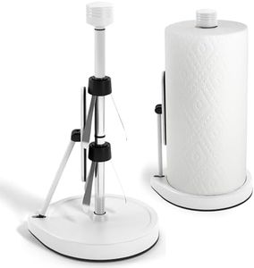 Stainless Steel Tension Arm Paper Towel Holder - Easy One-Handed Operation - This Sturdy Weighted Paper Towel Dispenser Countertop Model Has Suction Cups and Holds All Paper Towel Rolls (White)