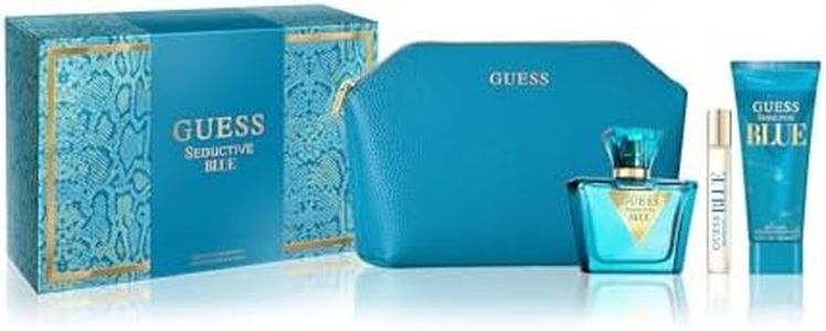 GUESS Seductive Blue Women/Femme Eau de Toilette 4 Piece Gift Set - Perfume Spray 2.5 Fl. Oz. Travel Spray 0.5 Fl. Oz., Body Lotion 3.4 Fl. Oz., & Pouch