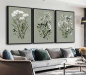 Vibrant Flowers Canvas Wall Art - White Floral Framed Wall Decor Aesthetic Spring Pictures Botanical Paintings Sage Green Art Prints for Living Room Bedroom Dining Room 50cm X 70cm X 3 Panels