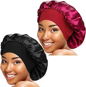 ASHILISIA 2 Pcs Wide Elastic Band Satin Sleep Bonnet Soft Night Sleeping Cap for Women