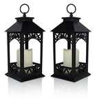 Decorative Lanterns - Set of 2 Black Lantern with LED Pillar Candle and a 5 Hour Timer - Candle Lanterns Outdoor - 13H by Banberry Designs