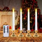 cimetech LED Window Candles, Flameless Candles Flickering Window Lights with Timer Battery Operated, 4 3D Wick Light Window Candle+4 Removable Gold Candle Holders+Remote, for Halloween Christmas Decor