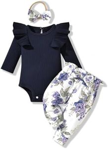 fioukiay Baby Girls Clothes Infant Little Kids Ribbed Romper Bodysuit Clothing Sets Fall Winter Outfits, Navy Floral, 12-18 Months