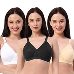 PLANETinner, Non-Wired, Non-Padded with Adjustable Straps for Everyday Full Coverage Crossfit and T-Shirt Bra for Women's (Pack of 3) -H37 White, Black, Beige