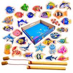 PLUSPOINT Magnetic Wooden Fishing Game Toy for Toddlers, Fish Catching Games of 30 Piece Fishes 2 Sticks 1 Fishing Tray, Preschool Learning Hand and Eye Co-Ordination Educational Toys 3+Yr Kids