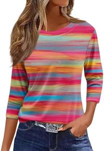 3/4 Sleeve Tops for Women Fashion Floral Print Vintage Tshirts 2025 Fall Casual Loose Crew Neck Blouses;Womens 3/4 Sleeve Tops and Blouses;Pinks XX-Large