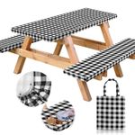 RNOONY Vinyl Fitted Picnic Table Cover with Bench Covers and Bag, Outdoor Waterproof Picnic Tablecloth with Elastic Edges, 72x30 Inches 3 Pcs Set (Black)
