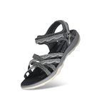 GRITION Women Hiking Sandals, Girls Outdoor Sport Water Shoes Summer Flat Cross-Tied Sandals Open Toe Adjustable Hook and Loop Walking Shoes Black Pink Gray Sand (4 UK, Black)