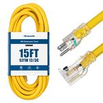 DEWENWILS 15 FT 12/3 Gauge Indoor/Outdoor Extension Cord with Lock, SJTW 15 Amp Yellow Outer Jacket Contractor Grade Heavy Duty Anti-Shedding Power Cable with LED Lighted Plug, ETL Listed