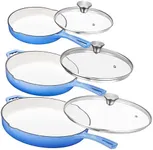 Bruntmor Pre-Seasoned Cast Iron Frying Pan Set - 8, 10, 12 Inch Blue Enamel Nonstick Skillets with Tempered Glass Lid - Oven Safe Egg and Grill Pan Set for Cooking, Searing, and Frying