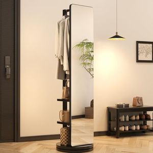 WoodsWhisper Full Length Mirror Coat Rack Solid Wood Floor Mirror 70"x16" Full Length Mirror with Stand Long Mirrors for Bedroom,Living Room (Black, 70" L x 16" W)