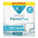 Drylife Pants Plus Disposable Pull-Up Unisex Incontinence Pants | Dry Feel Technology, Anti-Leak Security, Kind to Skin Soft Breathable Material - Large (4 Packs of 14)