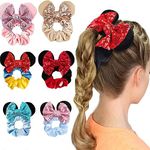 Hair Scrunchies, 6 Packs Mouse Ears Bows Scrunchies, Sequin Bows Velvet Elastic Rubber Hair Accessories, Ropes Ponytail Holder Hair Ties, Shower Headband Sparkle Bow Hair Band For Women Girl