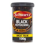 Schwartz Medium Black Peppercorn Drum 100 G | Mild Heat, Spicy Kick and Hot Biting Flavour | Deep Zesty Flavour and Distinctive Aroma | Perfect for Marinades, Sauces, Steaks and Kebabs