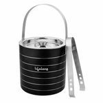 Lifelong 1.5L Stainless Steel Double Walled Ice Bucket with Tong & Lid| Ice Box for Home, Bar, Parties & Gifting| Black Ring Design| Rustproof Ice Container with Handle for Whiskey, Cocktails & Drinks