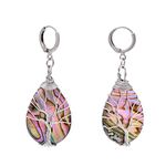 Tree of Life Hand Wrapped Mauve Purple Abalone Shell Teardrop Earrings for Women, Silver Wired Lever Backs