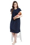 AV2 Women's Cotton Triangle Floral Printed Maternity Feeding Calf Length Nighty (Navy, Large)