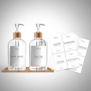 Sunfroze - Distributeur de Savon Transparent 500ml Bouteilles de Savon pour Cuisine, Salle de Bain - étiquettes personnalisée - Plateau en Bambou