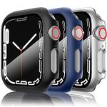 Mugust 3-Pack Case for Apple Watch Screen Protector 44mm SE Series 6/5/4, Hard PC Full Protective Case Bumper Cover with Tempered Glass for iWatch 44mm (Black/Navy Blue/Transparent)