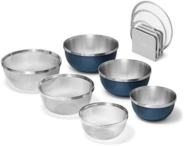 Caraway 10-Piece Mixing Bowl Set with Lids, Strainers, and Lid Storage Organizer - 6 qt, 4 qt, 2 qt Stainless Steel Bowls, Tempered Glass Lids, and Kitchen Strainers - Non-Toxic, PFAS-Free - Navy