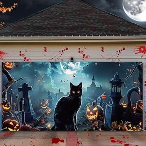 Large Cat Halloween Door Cover for Double Car Garage, 7 x 16 ft Hanging Garage Door Backdrop Banner for Home Outdoor Spooky Party Yard Decor Photography Background