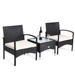 COSTWAY 3 PCS Patio Wicker Conversation Set, PE Rattan Sofa with Tempered Glass Coffee Table, 2 Chairs, 2 Cushions, Outdoor Patio Furniture Set for Yard Porch Bistro Balcony Backyard Pool, White