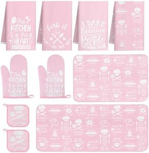10 Pcs Pink Kitchen Dish Towels Pot Holders Oven Mitts Glove Rustic Rugs Mat Set Cute Farmhouse Kitchen Decor Accessories Funny Sayings for Cooking Baking Home Decor Housewarming Mom Gifts BBQ Spring