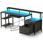 Rolanstar Computer Desk 63" with Power Outlet & LED Light, Home Office Desk with 2 Drawers & Printer Storage Shelves, Ergonomic Gaming Desk with Monitor Stand & Keyboard Tray, Black