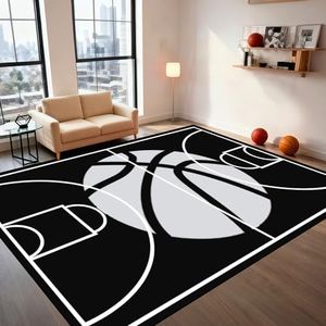 Black Basketball Court Rug - 9x12 Feet Basketball Rug for Boys Bedroom Sports Theme Bedroom Decor for Boys Playroom Sports Themed Carpets for Living Room,