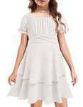 Arshiner Girls Dress Summer Off Shoulder Puff Sleeve Boho Chiffon Solid Midi Party Dresses White 5-6 Years