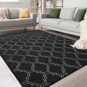 Chicrug Shag Geometric 7x10 Area Rug for Living Room, Large Modern Memory Foam Indoor Carpet, Fluffy Rug for Bedroom Bedside Room Decor for Family Girls Kids Nursery, Black/White