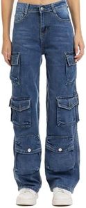 TONY BACKER Jeans Donna Cargo Pantaloni Denim Larghi Casual Elasticizzati Vita Alta Gamba Dritta con Tasconi VA90 (IT, Testo, L, Regular, Regular, Denim)