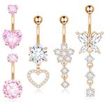 Leocuci Surgical Stainless Steel Dangle Belly Button Rings Piercing for Women Belly Ring Dangling Jewelry with Heart Flower Butterfly Rose Gold 14G, Stainless Steel, cubic zirconia