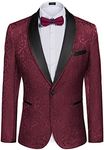 COOFANDY Men's Floral Tuxedo Suit Jacket Slim Fit Dinner Jacket Party Prom Wedding Blazer Jackets, Wine Red, Large