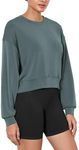 ODODOS Modal Soft Long Sleeve Cropped Sweatshirts for Women Oversized Crew Neck Pullover Crop Top, Slate Green, Small